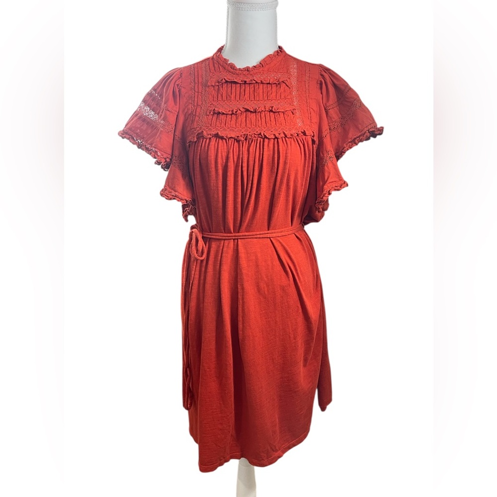 Boden Ruffle Trim Detail Jersey Mini Dress Tomato Red Cotton Blend High Neck 10R - Picture 7 of 10